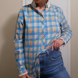 80s 70s Pastel Lace Plaid Button Up Lace Collar Shirt Blue Orange Unique Flannel